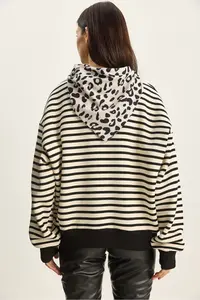 Bianco Lucci Women's Scarf Detailed Leopard Embroidered Striped Three Thread Raised Oversized Sweatshirt 6973 - Image 7