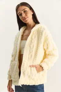 Bianco Lucci Women's Patterned Pocket Detailed Zippered Hooded Plush Cardigan 4116 - Image 4