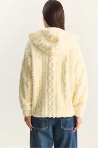 Bianco Lucci Women's Patterned Pocket Detailed Zippered Hooded Plush Cardigan 4116 - Image 7