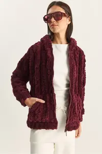 Bianco Lucci Women's Patterned Pocket Detailed Zippered Hooded Plush Cardigan 4116