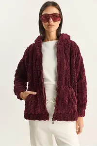 Bianco Lucci Women's Patterned Pocket Detailed Zippered Hooded Plush Cardigan 4116 - Image 2