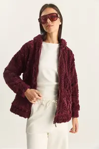 Bianco Lucci Women's Patterned Pocket Detailed Zippered Hooded Plush Cardigan 4116 - Image 3