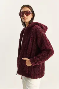 Bianco Lucci Women's Patterned Pocket Detailed Zippered Hooded Plush Cardigan 4116 - Image 4