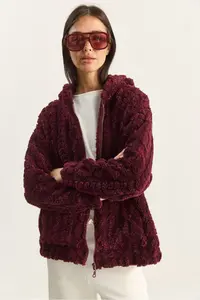 Bianco Lucci Women's Patterned Pocket Detailed Zippered Hooded Plush Cardigan 4116 - Image 5