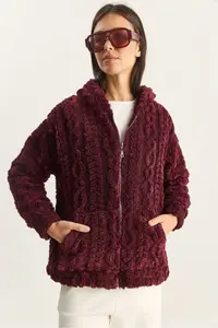 Bianco Lucci Women's Patterned Pocket Detailed Zippered Hooded Plush Cardigan 4116 - Image 6