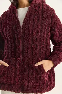 Bianco Lucci Women's Patterned Pocket Detailed Zippered Hooded Plush Cardigan 4116 - Image 7