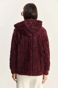 Bianco Lucci Women's Patterned Pocket Detailed Zippered Hooded Plush Cardigan 4116 - Image 8