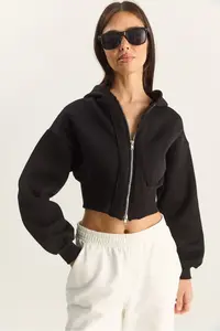 Bianco Lucci Women's Zippered Hooded Flexible Knitted Crop Sweatshirt - Image 4