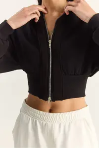 Bianco Lucci Women's Zippered Hooded Flexible Knitted Crop Sweatshirt - Image 5