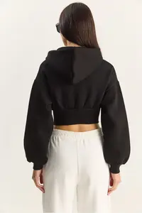 Bianco Lucci Women's Zippered Hooded Flexible Knitted Crop Sweatshirt - Image 6
