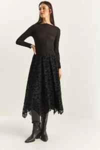 Bianco Lucci Women's Velvet Patterned Lined Asymmetrical Cut Midi Skirt with Elastic Waist