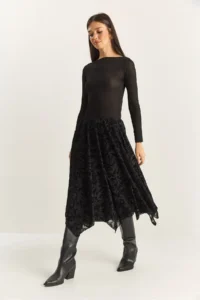 Bianco Lucci Women's Velvet Patterned Lined Asymmetrical Cut Midi Skirt with Elastic Waist - Image 3