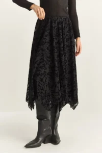 Bianco Lucci Women's Velvet Patterned Lined Asymmetrical Cut Midi Skirt with Elastic Waist - Image 6