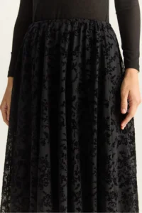 Bianco Lucci Women's Velvet Patterned Lined Asymmetrical Cut Midi Skirt with Elastic Waist - Image 7