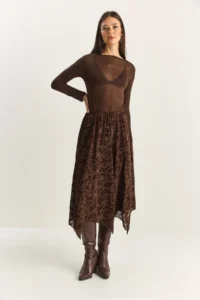 Bianco Lucci Women's Velvet Patterned Lined Asymmetrical Cut Midi Skirt with Elastic Waist - Image 3