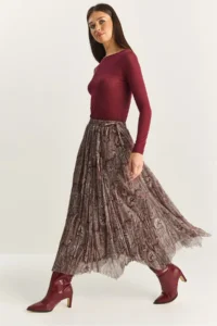 Bianco Lucci Women's Paisley Patterned Asymmetrical Cut Lined Chiffon Bohemian Skirt