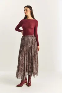 Bianco Lucci Women's Paisley Patterned Asymmetrical Cut Lined Chiffon Bohemian Skirt - Image 5