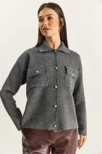 Bianco Lucci Women's Gold Button Detailed Pocket Knitwear Cardigan