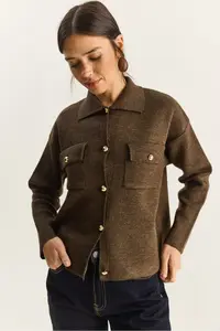 Bianco Lucci Women's Gold Button Detailed Pocket Knitwear Cardigan