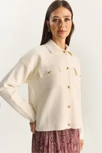 Bianco Lucci Women's Gold Button Detailed Pocket Knitwear Cardigan