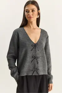 Bianco Lucci Women's Pearly Bow Accessory V-Neck Knitwear Cardigan
