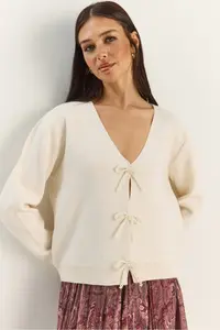 Bianco Lucci Women's Pearly Bow Accessory V-Neck Knitwear Cardigan