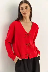 Bianco Lucci Women's Pearly Bow Accessory V-Neck Knitwear Cardigan - Image 3