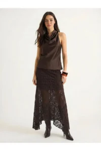 Bianco Lucci Women's Asymmetrical Cut Lined Lycra Lace Skirt 7200 - Image 2