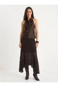 Bianco Lucci Women's Asymmetrical Cut Lined Lycra Lace Skirt 7200 - Image 4