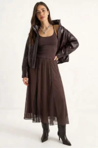 Bianco Lucci Women's Flexible Waist Tulle Detailed Lined Long Chiffon Skirt 20112 - Image 3