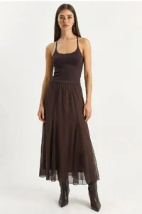 Bianco Lucci Women's Flexible Waist Tulle Detailed Lined Long Chiffon Skirt 20112 - Image 4