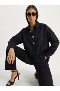 Bianco Lucci Women's Poplin Shirt with Gold Button Accessories 7508