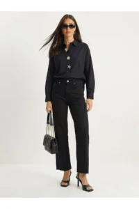 Bianco Lucci Women's Poplin Shirt with Gold Button Accessories 7508 - Image 2