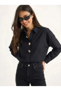 Bianco Lucci Women's Poplin Shirt with Gold Button Accessories 7508 - Image 3