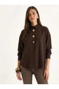 Bianco Lucci Women's Poplin Shirt with Gold Button Accessories 7508