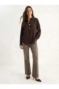 Bianco Lucci Women's Poplin Shirt with Gold Button Accessories 7508 - Image 2
