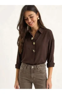 Bianco Lucci Women's Poplin Shirt with Gold Button Accessories 7508 - Image 3