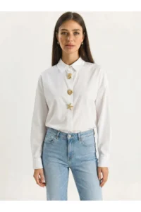 Bianco Lucci Women's Poplin Shirt with Gold Button Accessories 7508