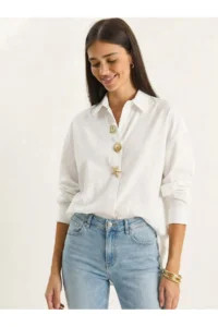 Bianco Lucci Women's Poplin Shirt with Gold Button Accessories 7508 - Image 2