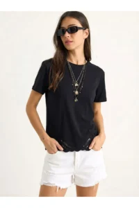 Bianco Lucci Women's Embroidery Detailed Crew Neck Basic T-Shirt 7545 - Image 3