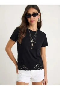 Bianco Lucci Women's Embroidery Detailed Crew Neck Basic T-Shirt 7545 - Image 4
