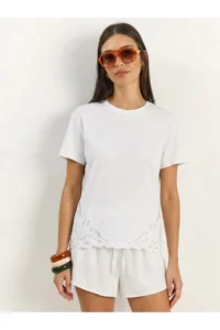 Bianco Lucci Women's Embroidery Detailed Crew Neck Basic T-Shirt 7545 - Image 2