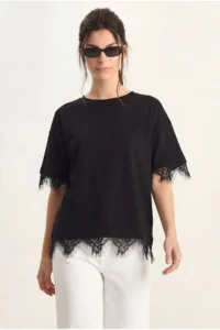 Bianco Lucci Women's Lace Detailed Crew Neck Oversize T-Shirt 1046 - Image 2