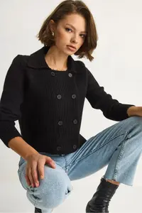Bianco Lucci Women's Polo Collar Buttoned Soft Cardigan 255252