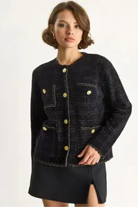 Bianco Lucci Women's Gold Glitter Vintage Buttoned Soft Textured Cardigan