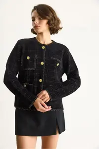 Bianco Lucci Women's Gold Glitter Vintage Buttoned Soft Textured Cardigan - Image 2