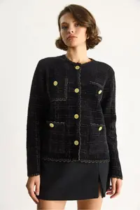 Bianco Lucci Women's Gold Glitter Vintage Buttoned Soft Textured Cardigan - Image 3