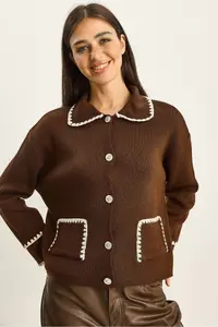 Bianco Lucci Women's Polo Collar Pocket Detailed Shepherd Stitched Knitwear Cardigan