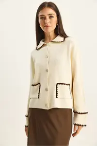 Bianco Lucci Women's Polo Collar Pocket Detailed Shepherd Stitched Knitwear Cardigan - Image 5