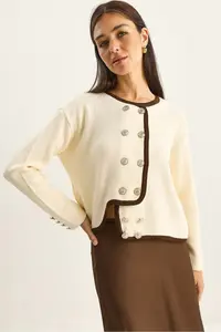 Bianco Lucci Women's Gold Button Detailed Asymmetrical Cut Knitwear Cardigan